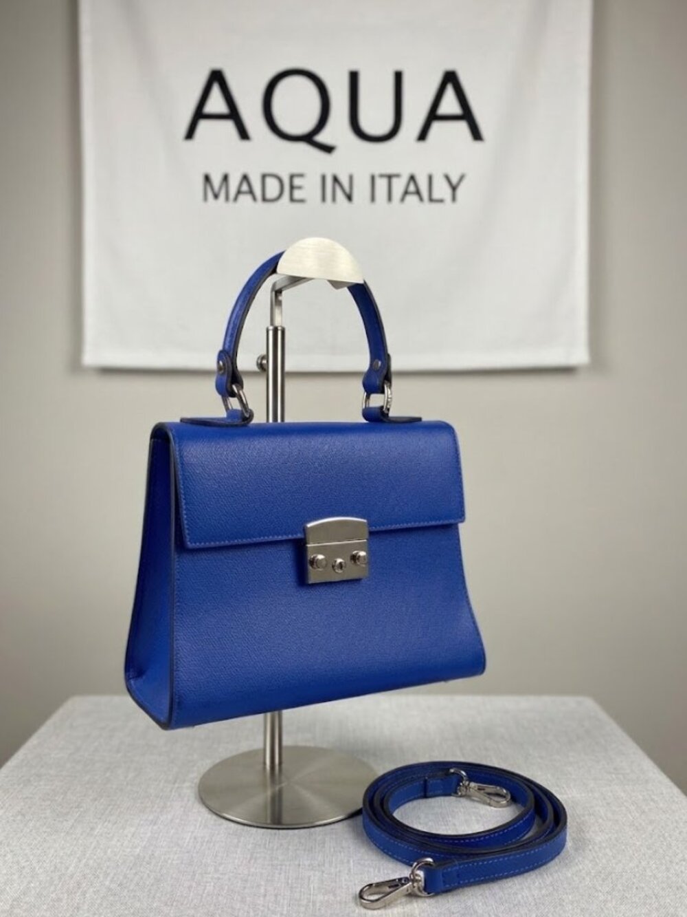 Blue Saffiano Leather Aqua Handbag with Detachable Strap - Made in Italy - NWOT